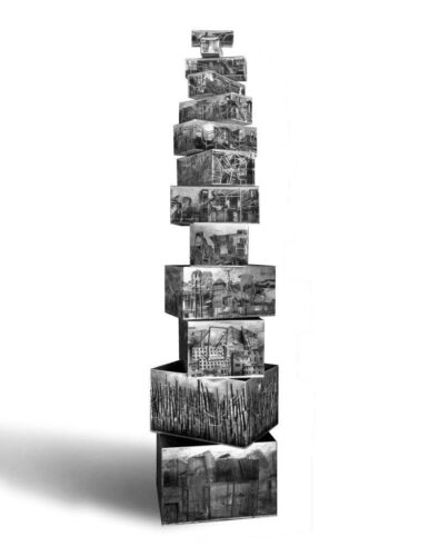 Allahyar Najafi.Tower of Babel. Mixed media on galvanized steel. 270x60x50 cm. 2019.