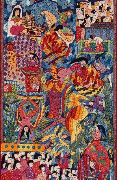 Astonished, she said, The Army of Iran has brought Such a Girl (Inspired by women in Shahnameh) 2023 Pateh Douzi on wool fabric 300x100 cm